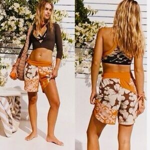 Free People Movement Tropical Orange Floral Prime Time Hike Shorts